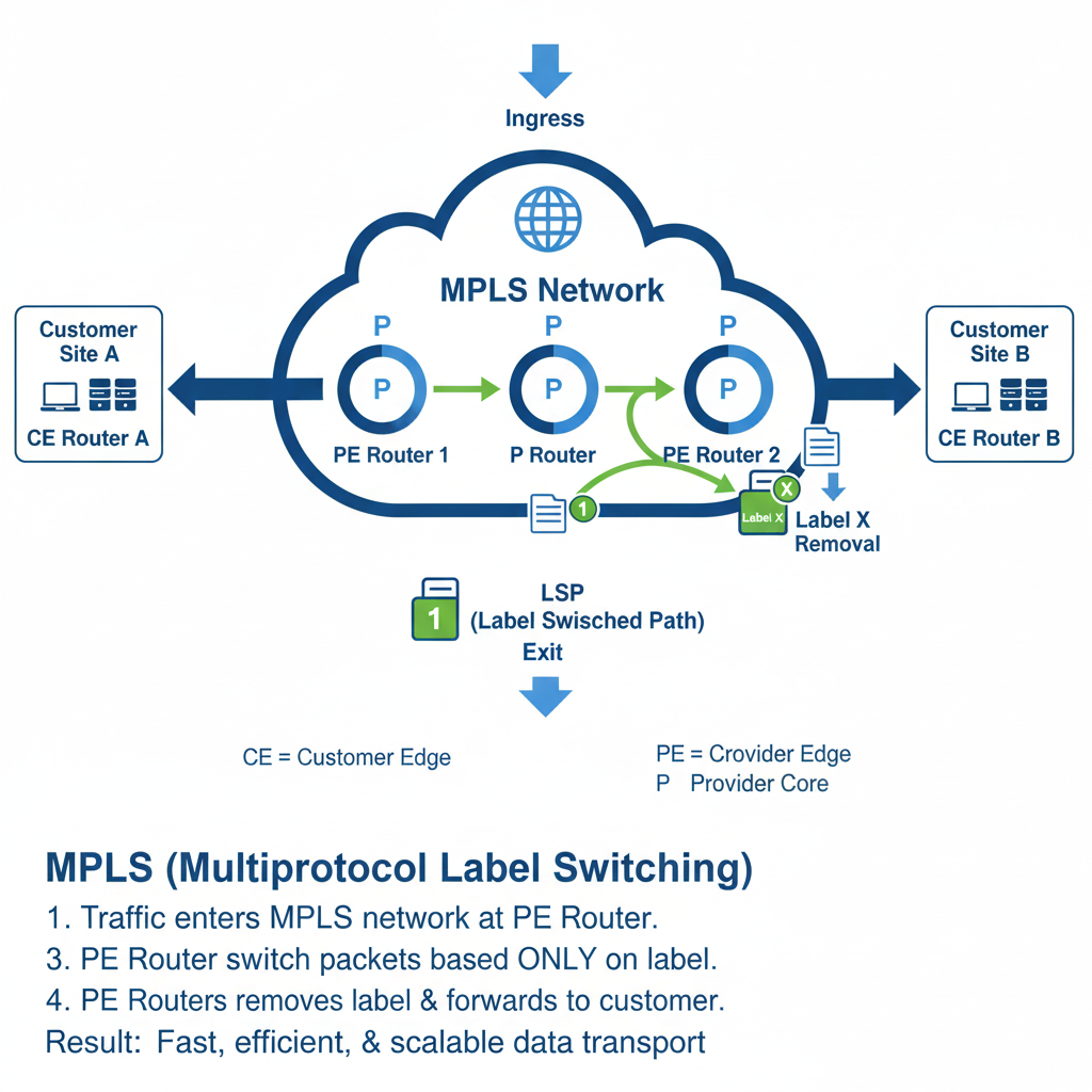 Diagram illustrating the basic concept of MPLS (Multiprotocol Label Switching), showing customer routers (CE) connecting to provider routers (PE) which use a Label Switched Path (LSP) with a 'Label X' to create a private MPLS Tunnel connection between Customer Site A and Customer Site B.