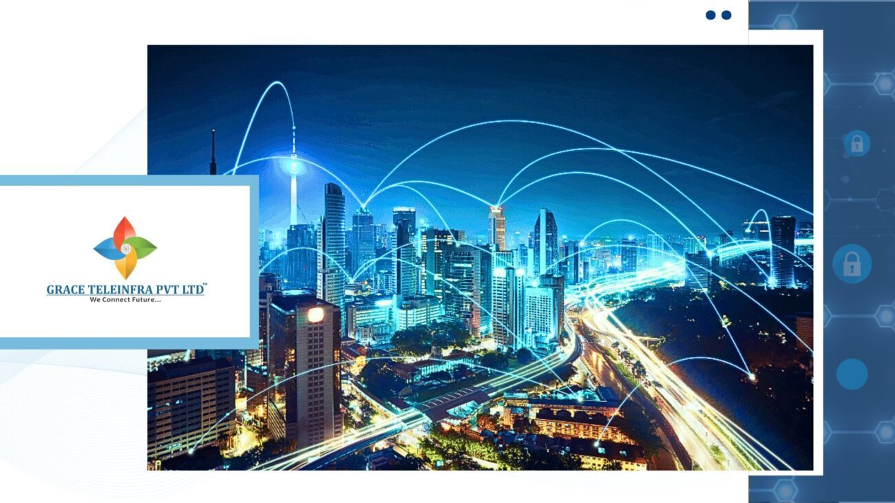 a futuristic night city skyline with glowing blue lines representing interconnected fiber networks and peering infrastructure.