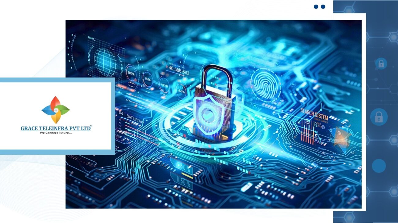 A promotional graphic for Grace Teleinfra featuring their corporate logo overlaying a high-exposure night photograph of a modern city. Glowing blue arcs and lines connect various buildings, symbolizing high-speed fiber connectivity