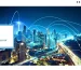 a futuristic night city skyline with glowing blue lines representing interconnected fiber networks and peering infrastructure.